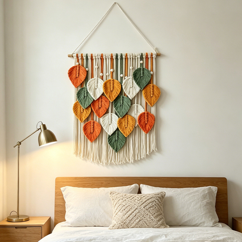 Woven leaf wall hanging styled in a bedroom